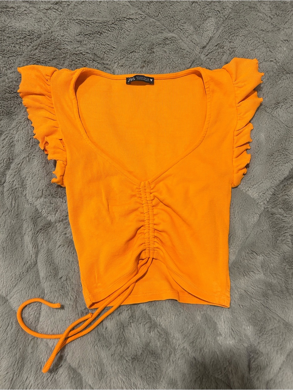 Zara Orange Ruched V-Neck Crop Top with Ruffle Sleeves